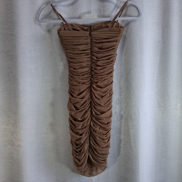 BABATON Mini Dress Ruched Mesh Spaghetti Strap Tan A12 - Picture 9 of 13